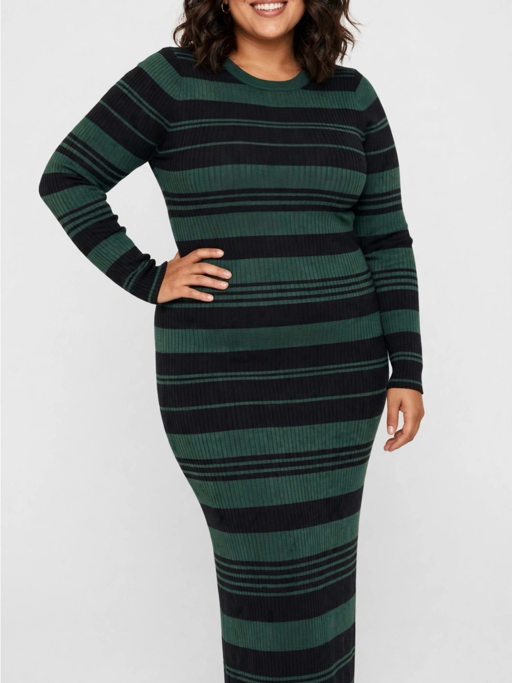 Long Sleeve Ribbed Knit Maxi Dress - Green/Black